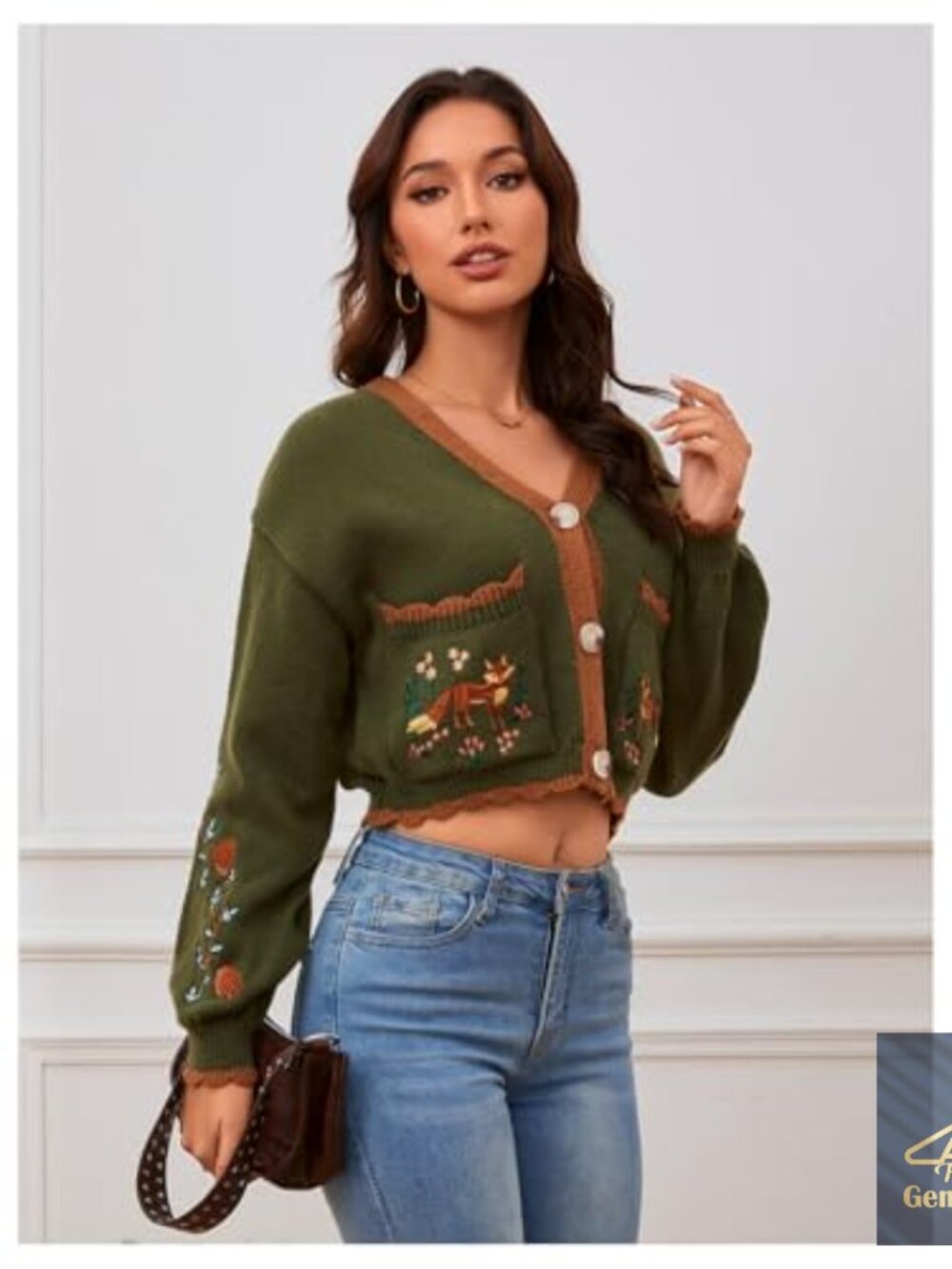 Floral Embroidered Cropped Cardigan Loose Fit V-Neck Button Up - Picture 4 of 7